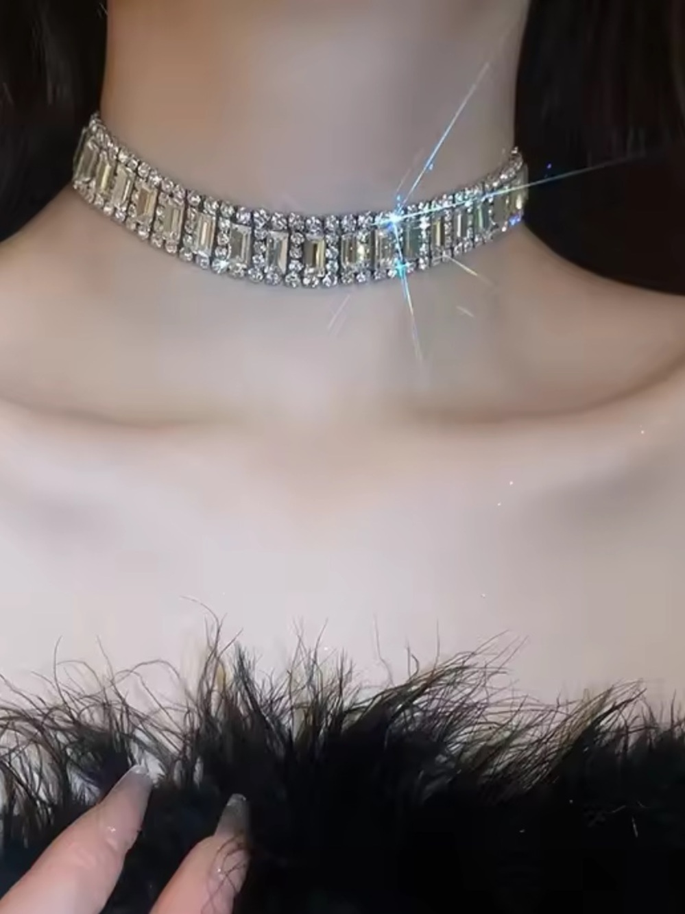 New Target Silver Crystal Baguette Choker Necklace